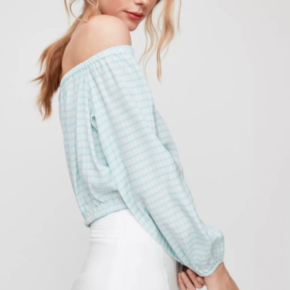 ARITZIA Off-the-shoulder Blouse in lightweight Japanese crepe, blue/white - Picture 4 of 8